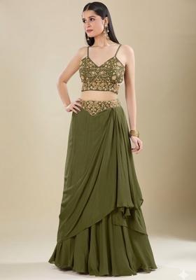 Olive Green Chinon Embroidered Handwork Lehenga Set
