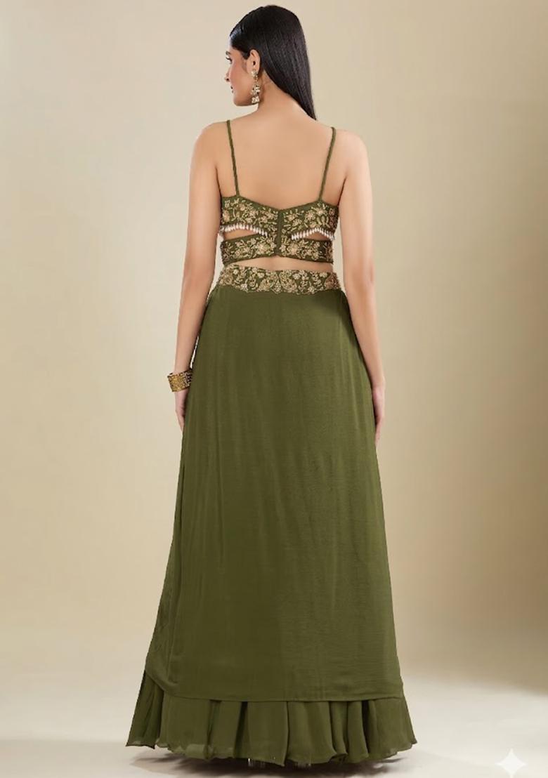 Olive Green Chinon Embroidered Handwork Lehenga Set - Indya