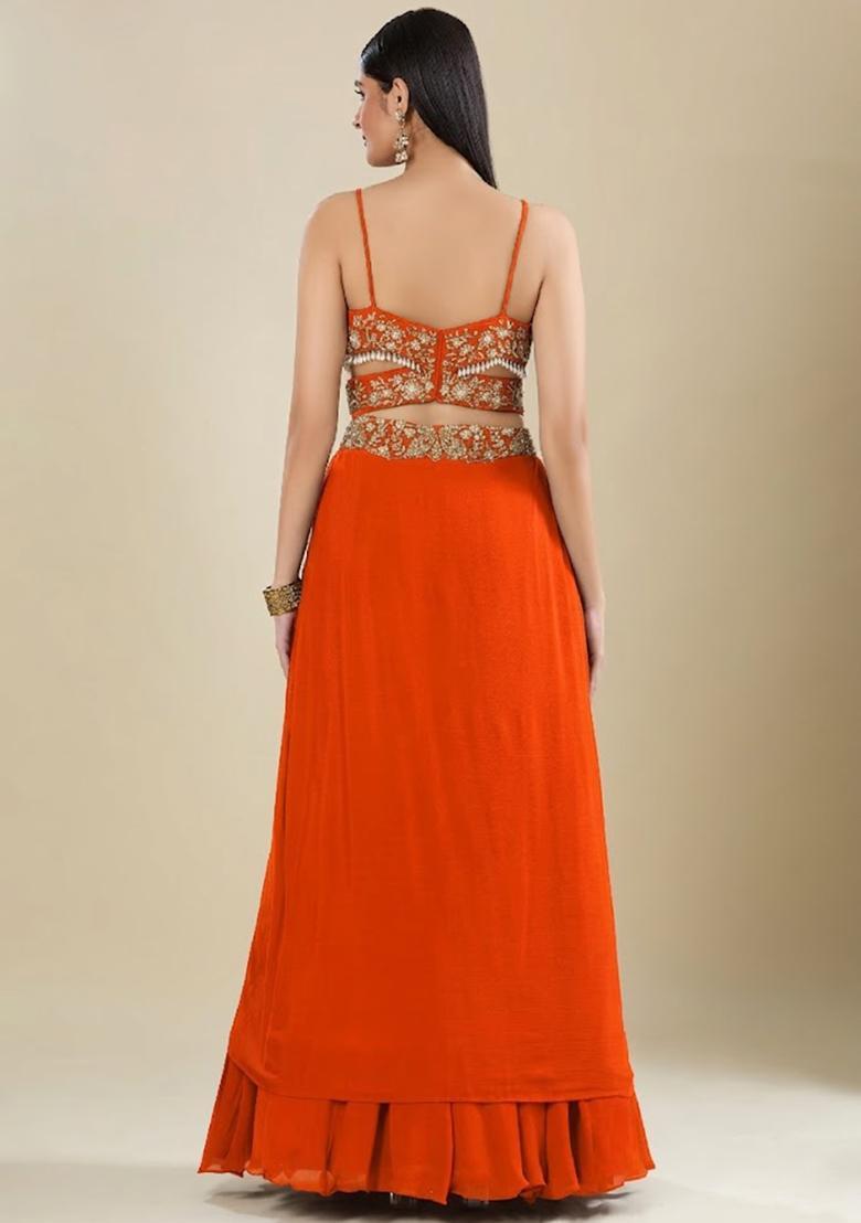 Orange Chinon Embroidered Handwork Lehenga Set - Indya