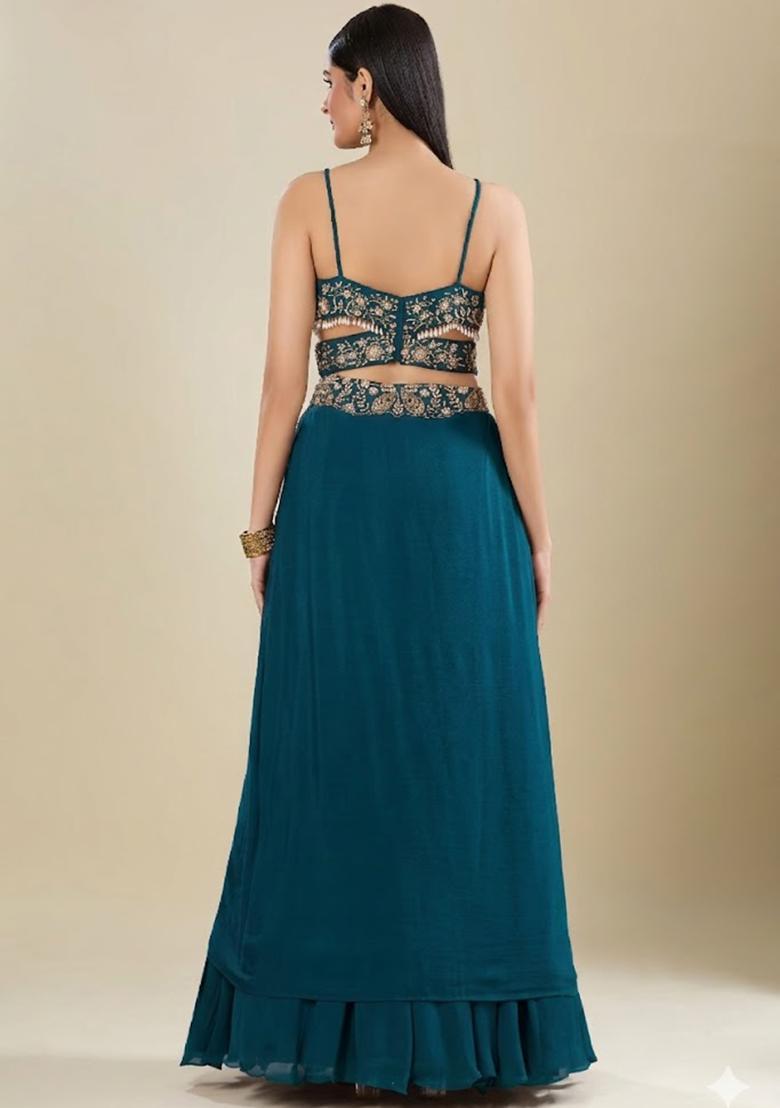 Teal Chinon Embroidered Handwork Lehenga Set - Indya