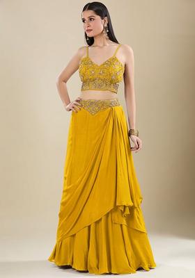 Yellow Chinon Embroidered Handwork Lehenga Set