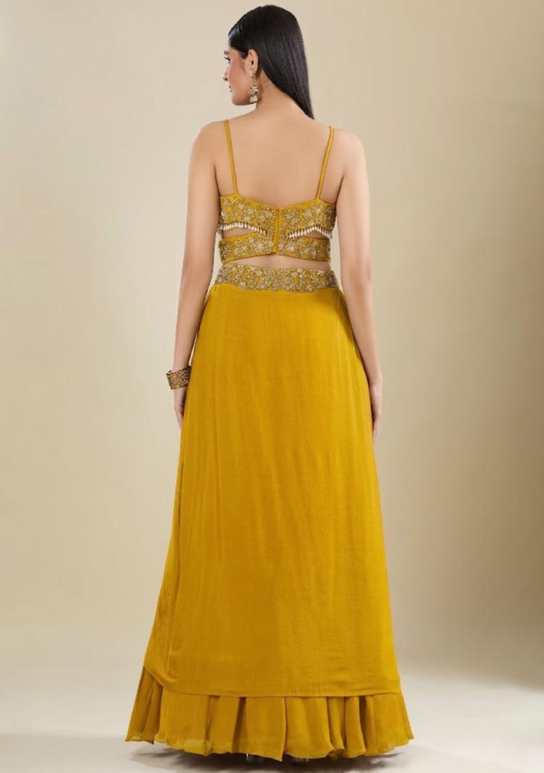 Yellow Chinon Embroidered Handwork Lehenga Set - Indya