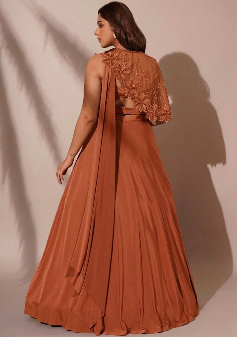 Rust Crepe Embroidered Handwork Lehenga Set - Indya