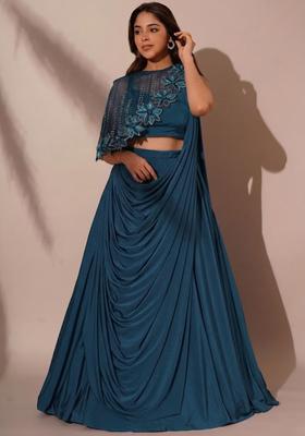 Blue Crepe Embroidered Handwork Lehenga Set