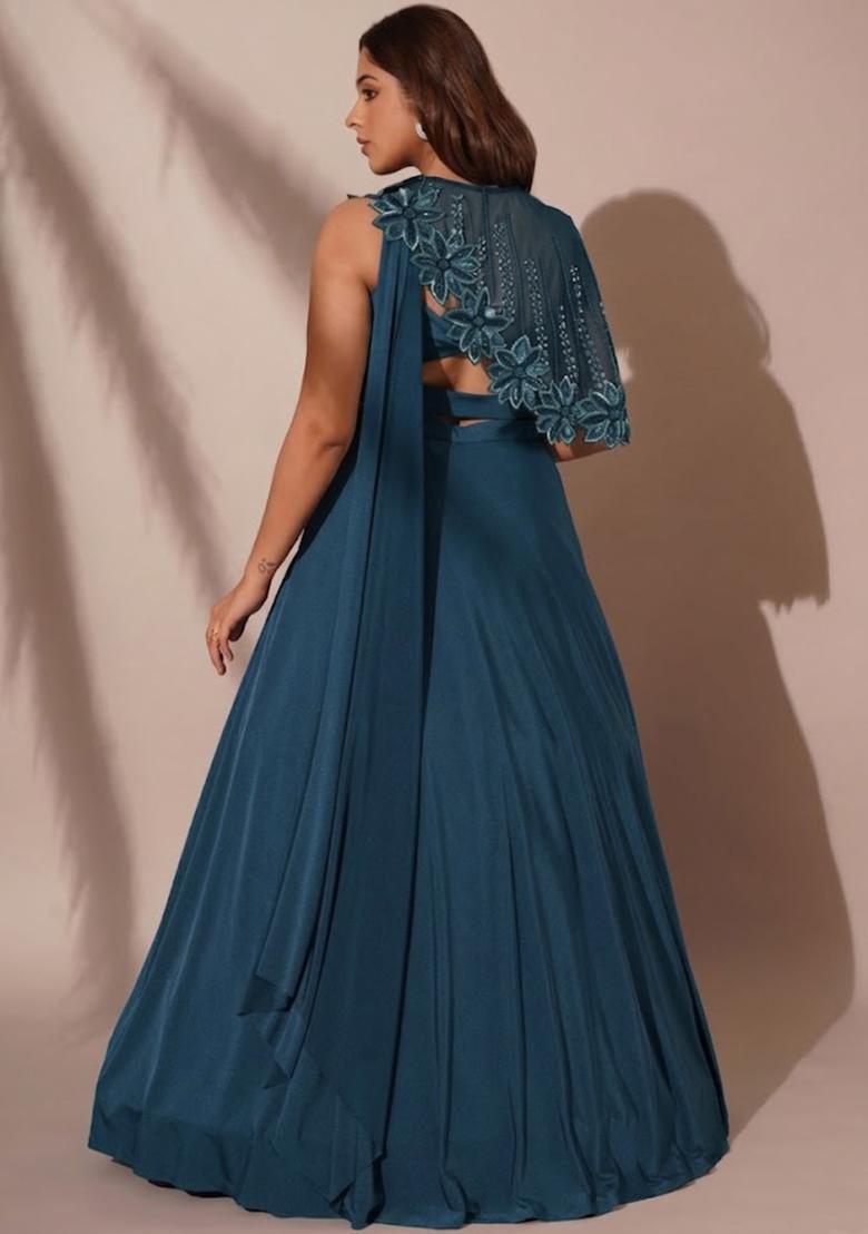 Blue Crepe Embroidered Handwork Lehenga Set - Indya