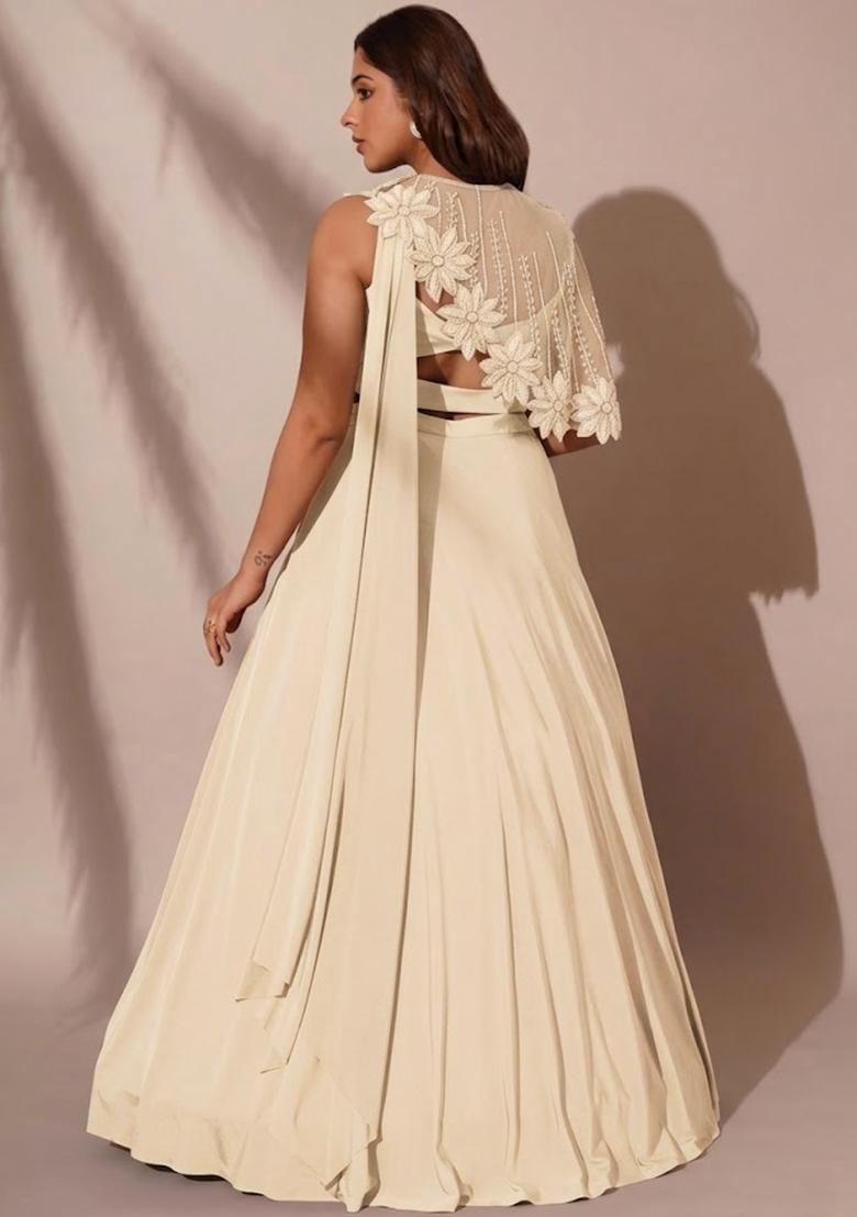 Buttercream Crepe Embroidered Handwork Lehenga Set - Indya