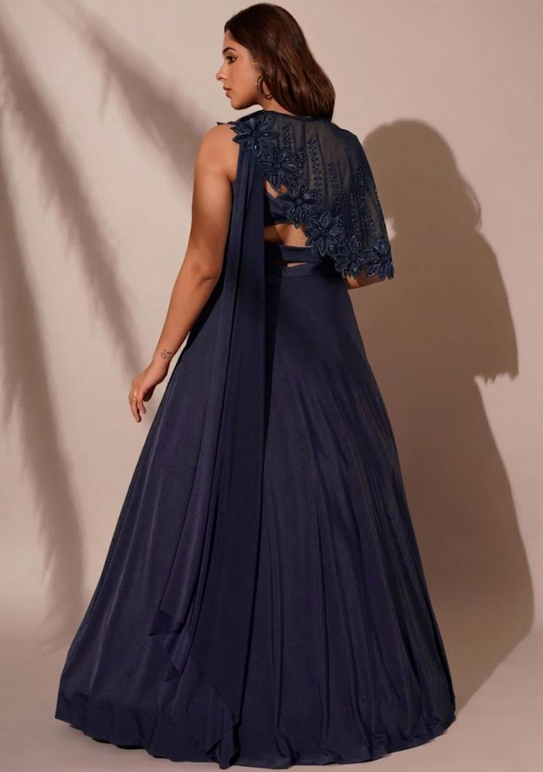 Dark Navy Crepe Embroidered Handwork Lehenga Set - Indya
