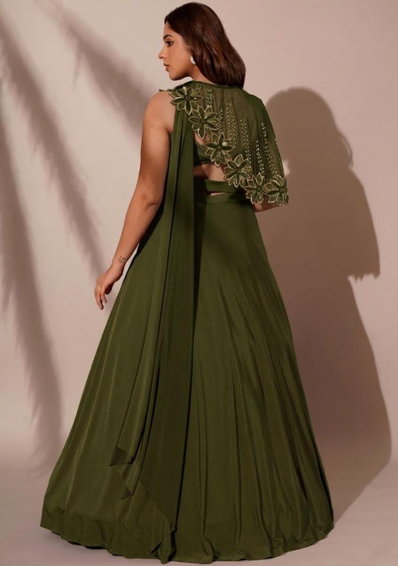 Olive Crepe Embroidered Handwork Lehenga Set - Indya