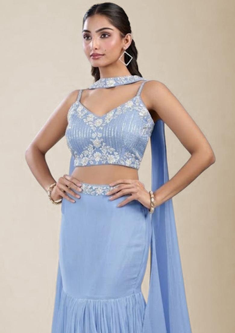 Ice Blue Chinon Embroidered Handwork Lehenga Set - Indya