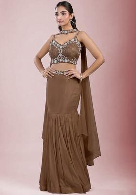 Brown Chinon Embroidered Handwork Lehenga Set