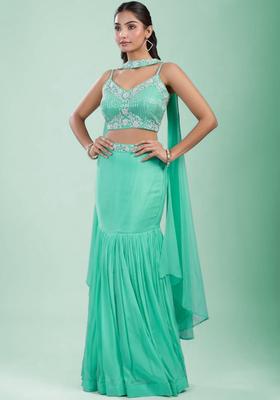 Bud Green Chinon Embroidered Handwork Lehenga Set