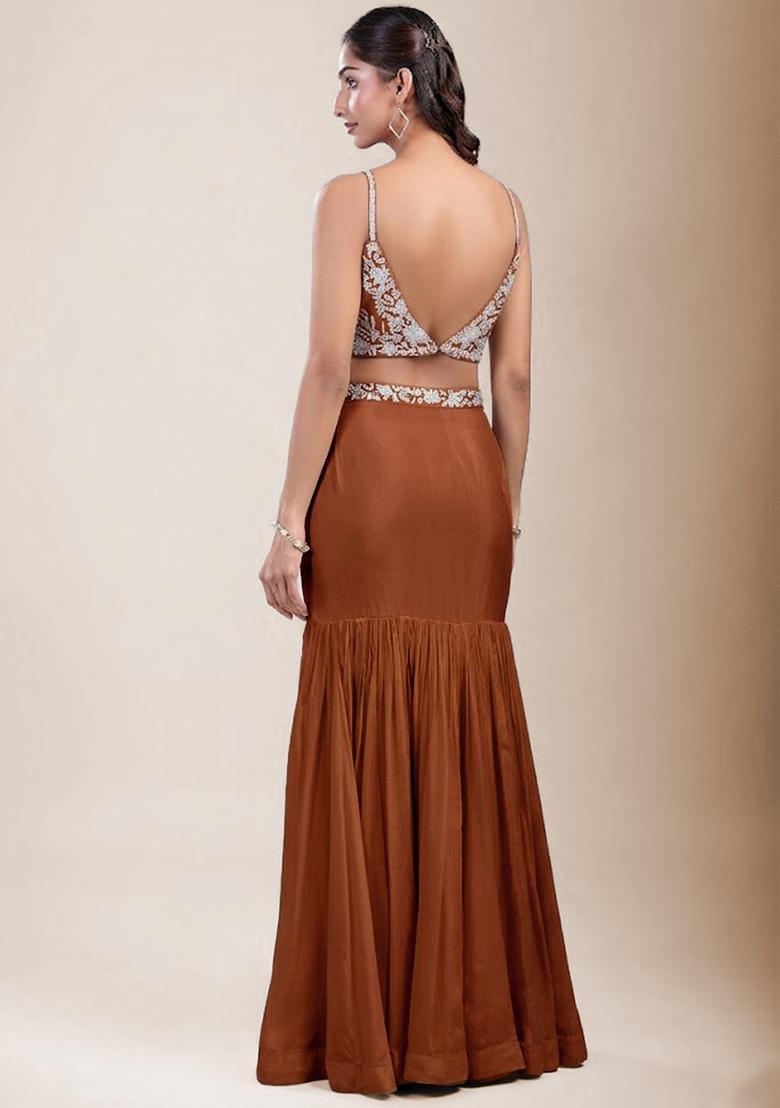 Rust Orange Chinon Embroidered Handwork Lehenga Set - Indya