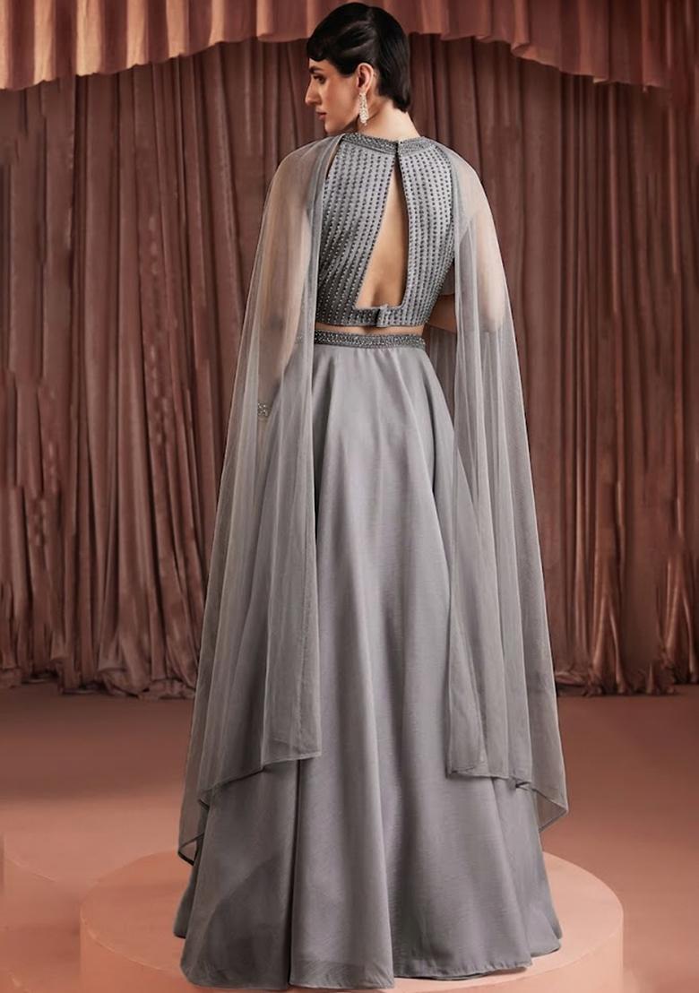 Grey Crepe Embellished Handwork Lehenga Set - Indya