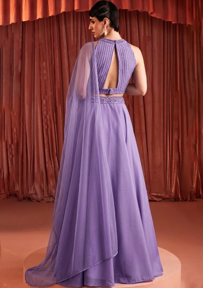 Lavender Crepe Embellished Handwork Lehenga Set - Indya