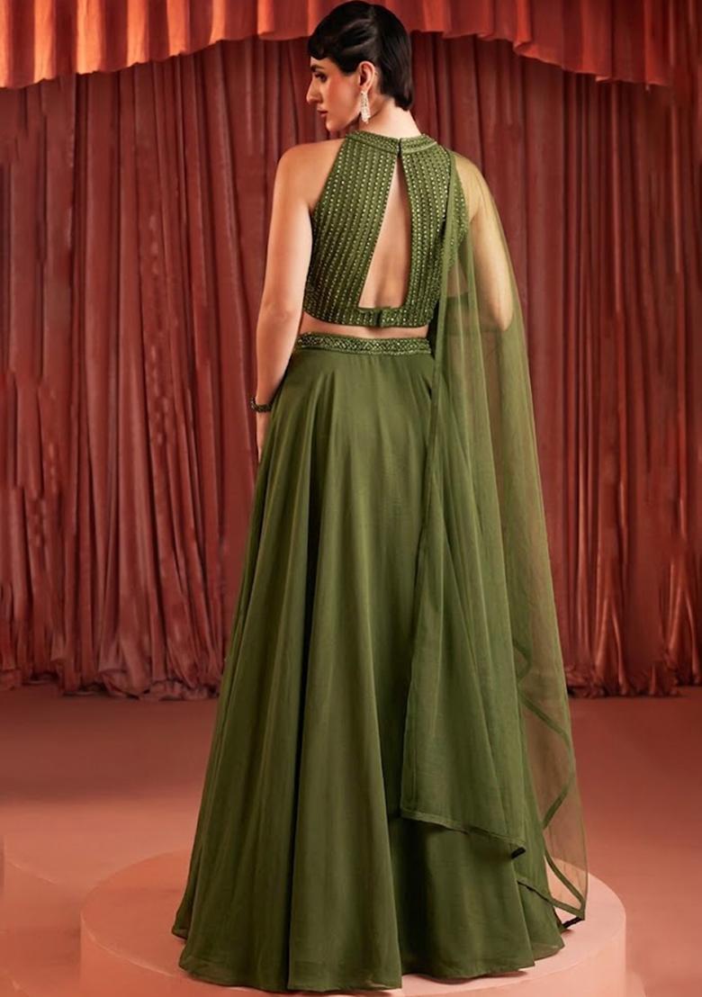 Olive Green Crepe Embellished Handwork Lehenga Set - Indya