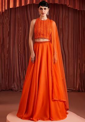 Orange Crepe Embellished Handwork Lehenga Set