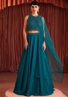 Teal Crepe Embellished Handwork Lehenga Set