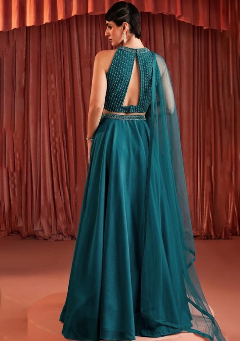 Teal Crepe Embellished Handwork Lehenga Set - Indya