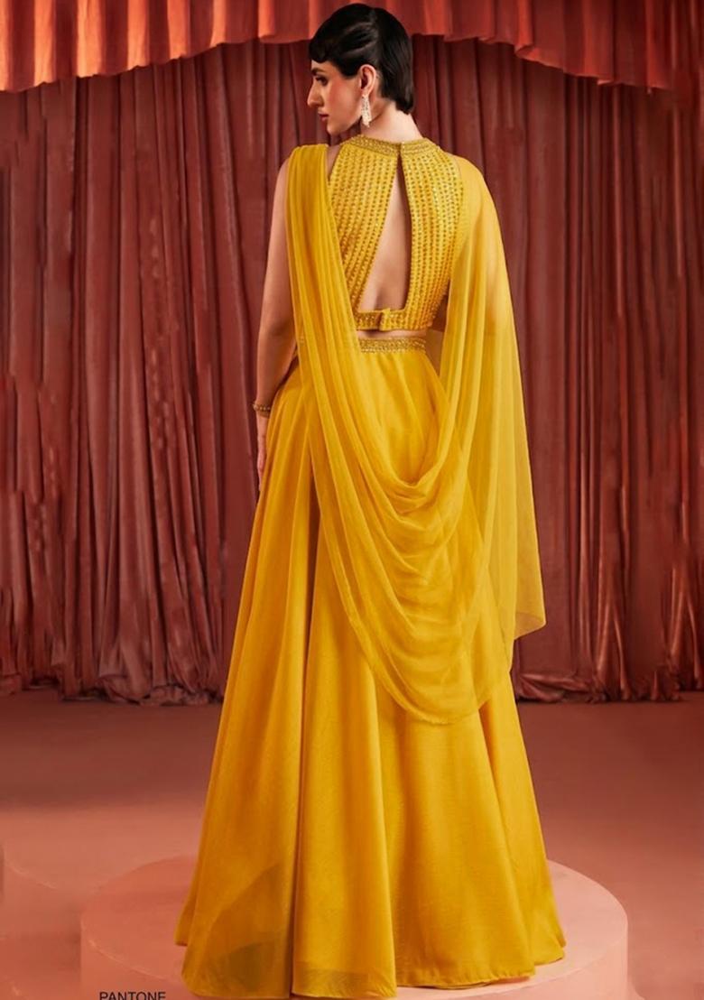 Yellow Crepe Embellished Handwork Lehenga Set - Indya
