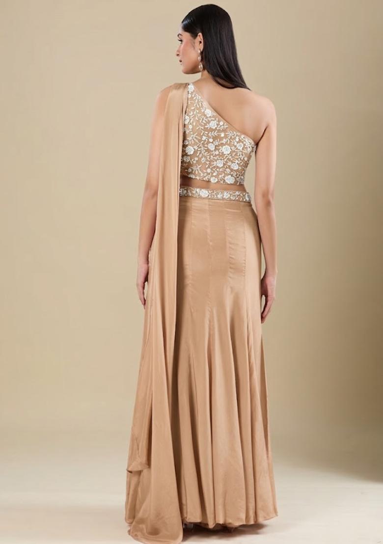 Peach Crepe Embellished Handwork Lehenga Set - Indya