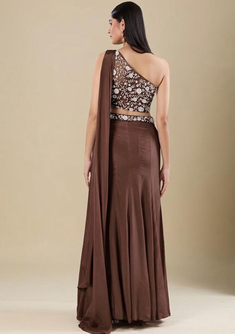 Chestnut Brown Crepe Embellished Handwork Lehenga Set - Indya
