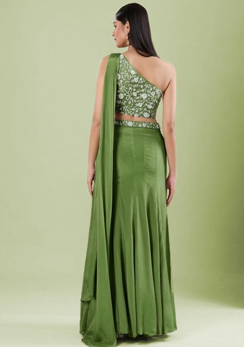 Green Crepe Embellished Handwork Lehenga Set - Indya