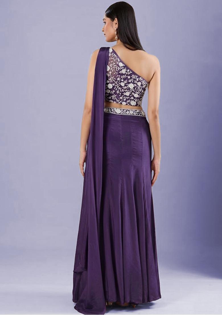 Purple Crepe Embellished Handwork Lehenga Set - Indya