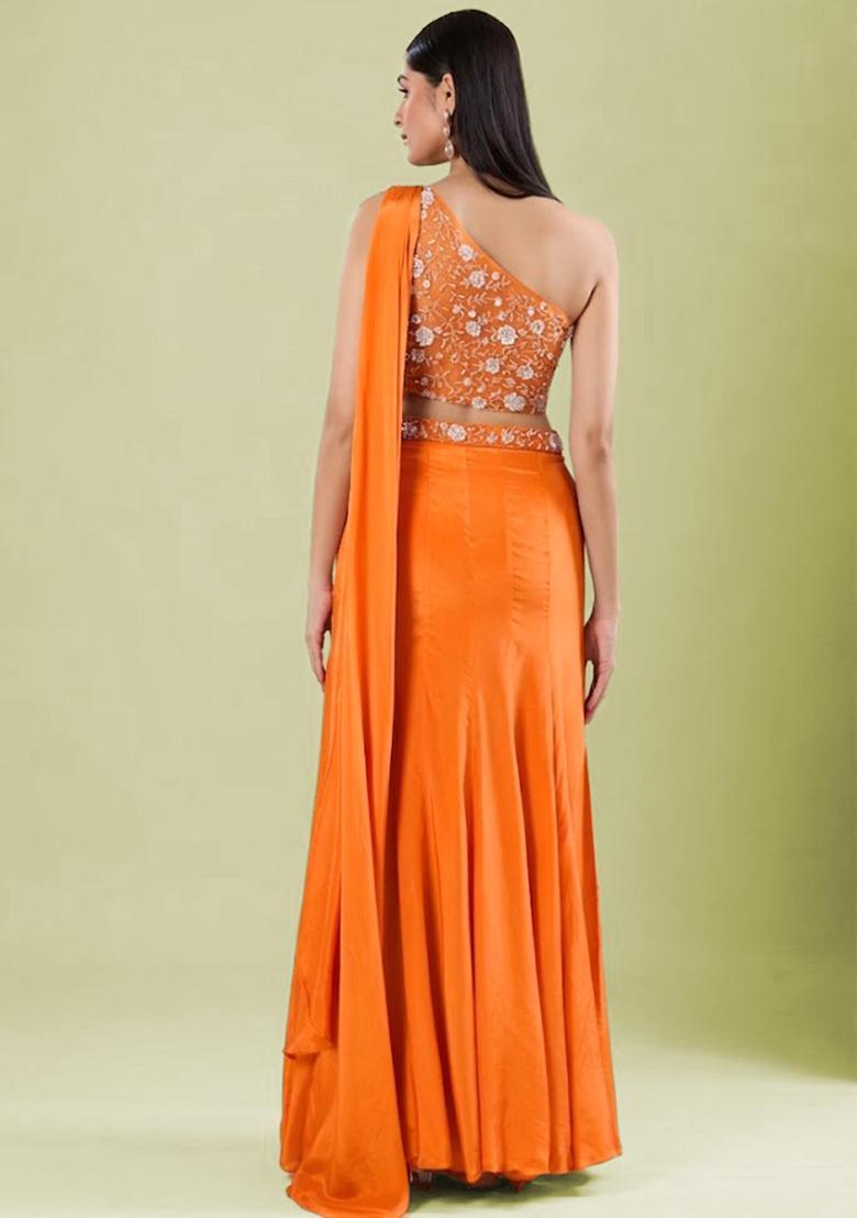 Tangelo Orange Crepe Embellished Handwork Lehenga Set - Indya