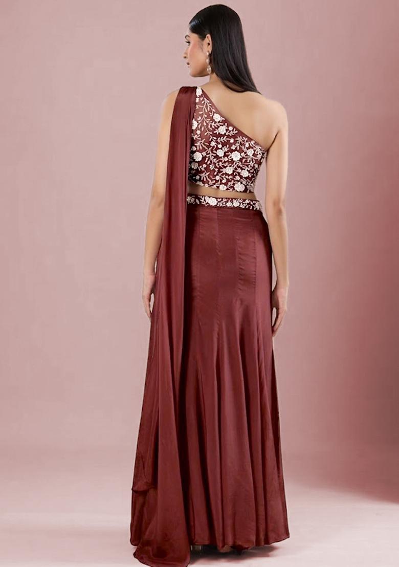Tomato Red Crepe Embellished Handwork Lehenga Set - Indya