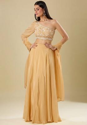 Yellow Crepe Embroidered Handwork Lehenga Set