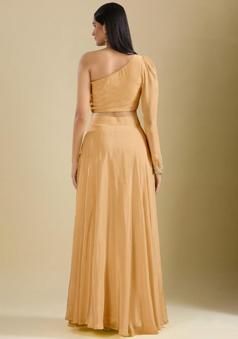 Yellow Crepe Embroidered Handwork Lehenga Set - Indya