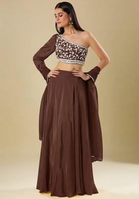 Chestnut Brown Crepe Embroidered Handwork Lehenga Set