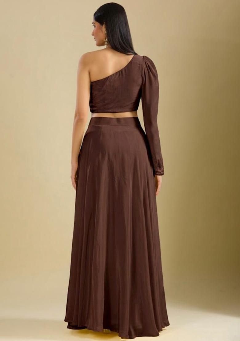 Chestnut Brown Crepe Embroidered Handwork Lehenga Set - Indya