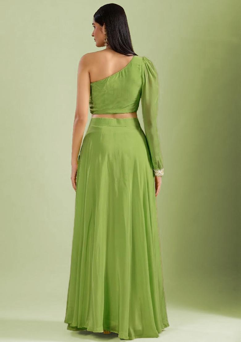Green Crepe Embroidered Handwork Lehenga Set - Indya