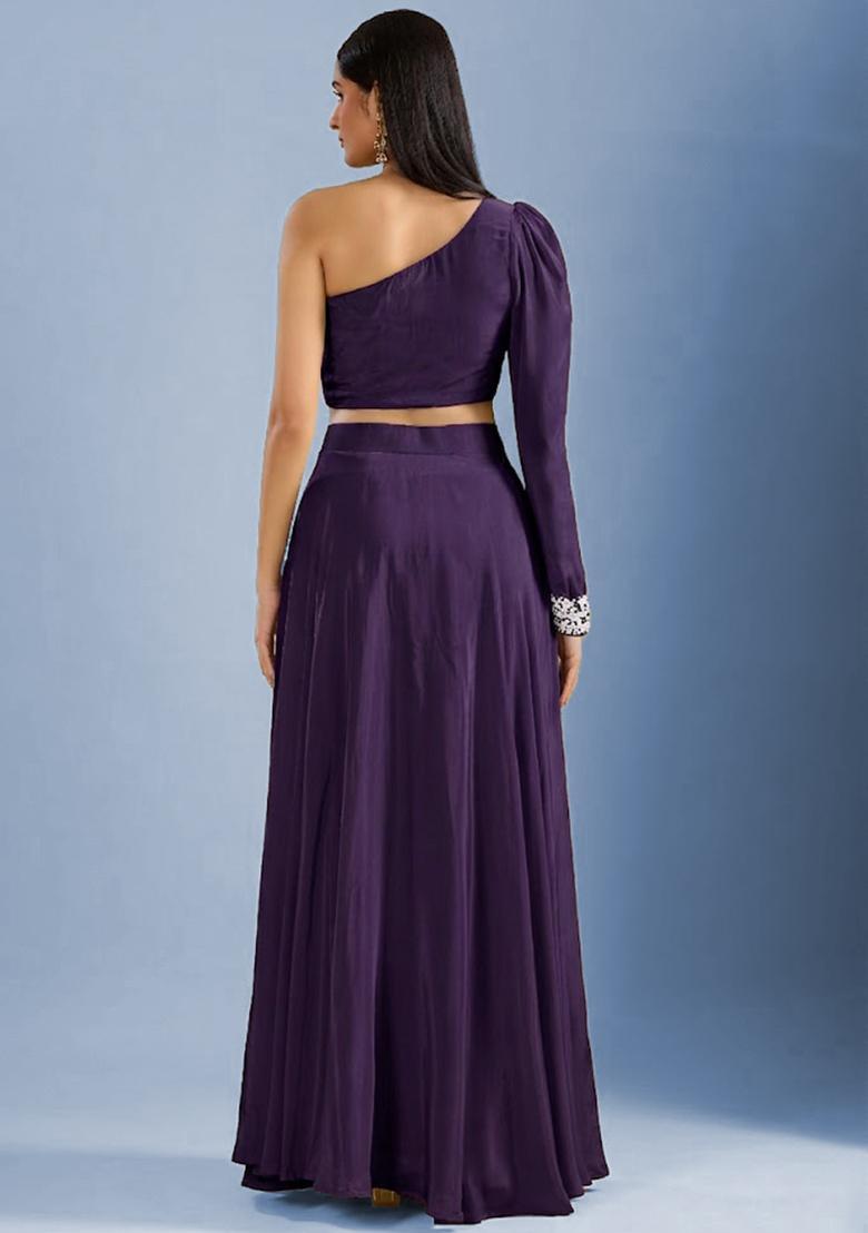 Purple Crepe Embroidered Handwork Lehenga Set - Indya