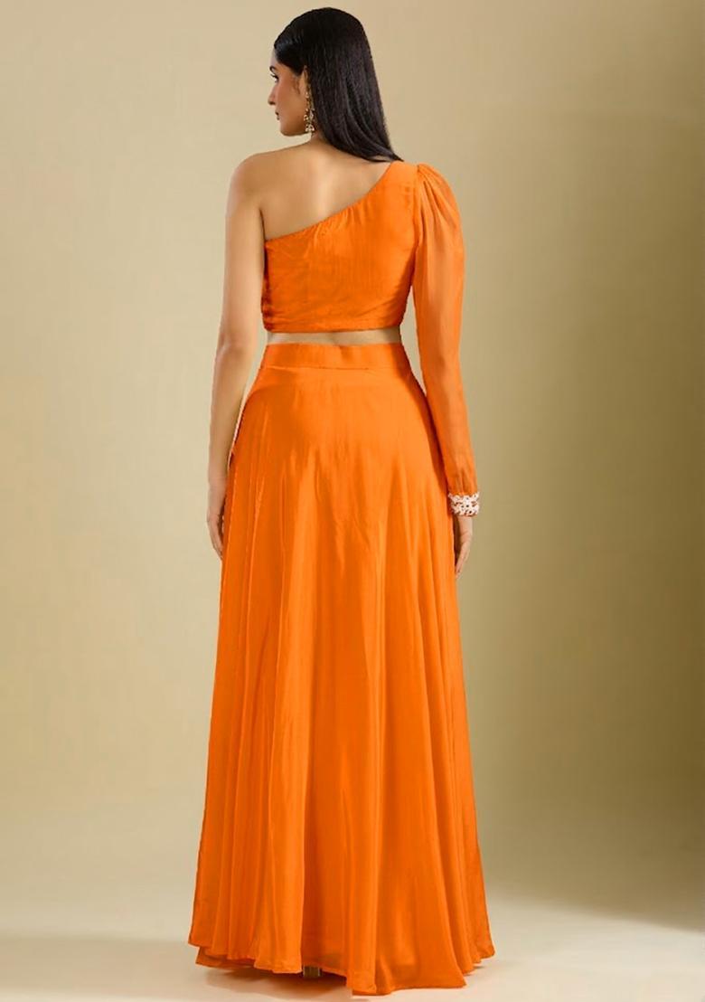 Tangelo Orange Crepe Embroidered Handwork Lehenga Set - Indya