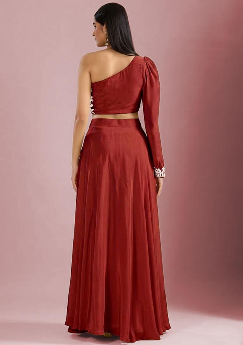 Tomato Red Crepe Embroidered Handwork Lehenga Set - Indya