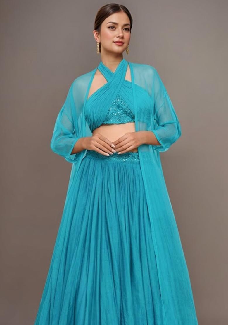Blue Georgette  Embellished Handwork Lehenga Set - Indya