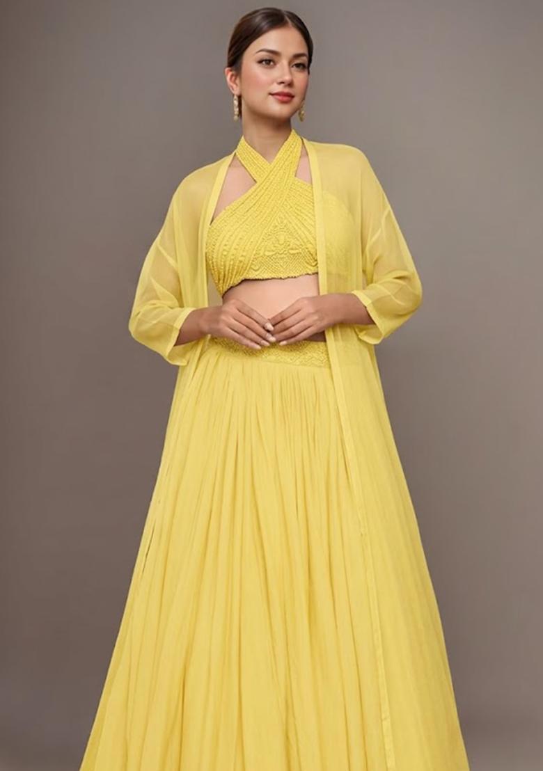Corn Yellow Georgette  Embellished Handwork Lehenga Set - Indya