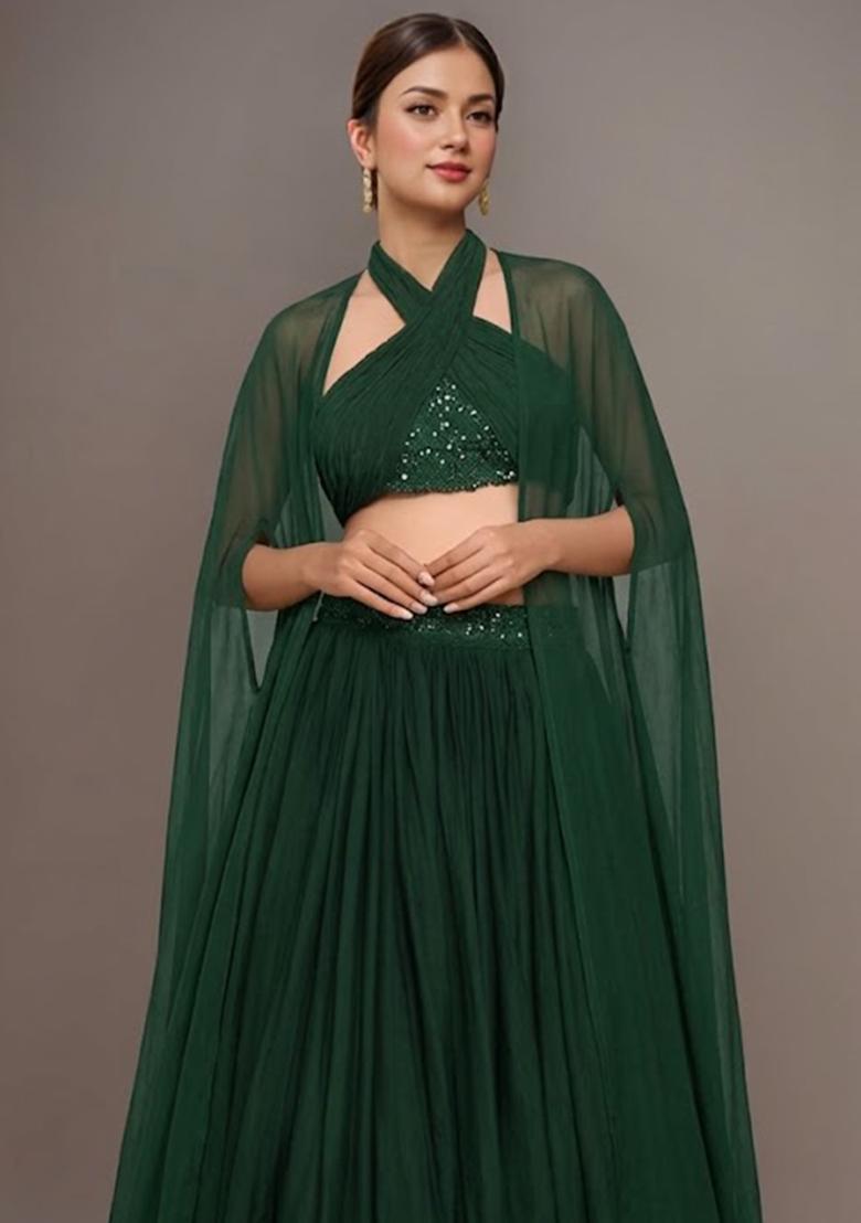 Dark Green Georgette  Embellished Handwork Lehenga Set - Indya