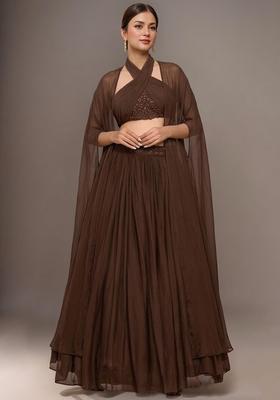 Fudge Brown Georgette  Embellished Handwork Lehenga Set