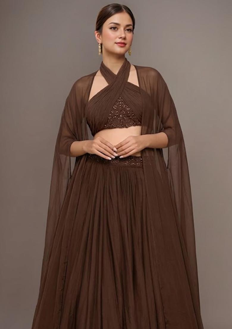 Fudge Brown Georgette  Embellished Handwork Lehenga Set - Indya