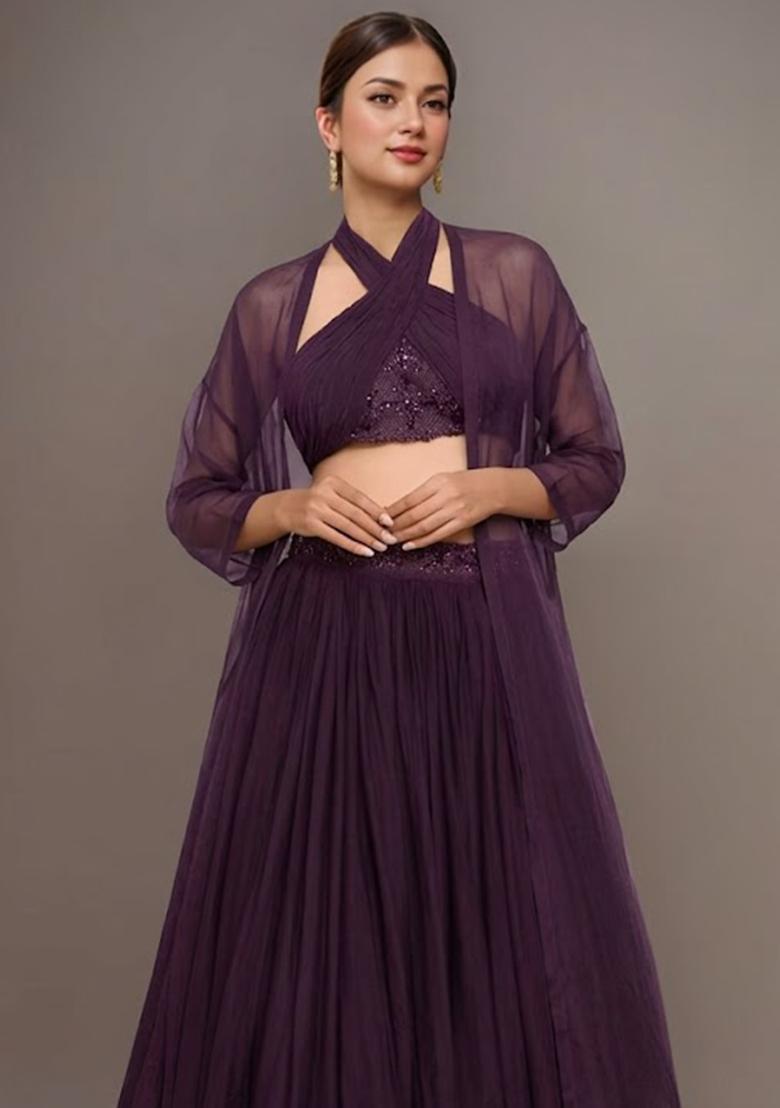Ink Blue Georgette  Embellished Handwork Lehenga Set - Indya