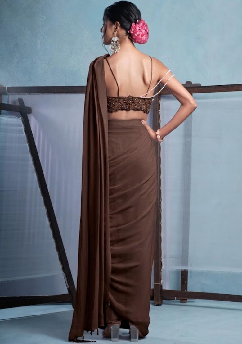 Brown Crepe Embroidered Handwork Pre Draped Saree Set - Indya