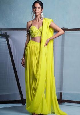 Lemon Yellow Crepe Embroidered Handwork Pre Draped Saree Set