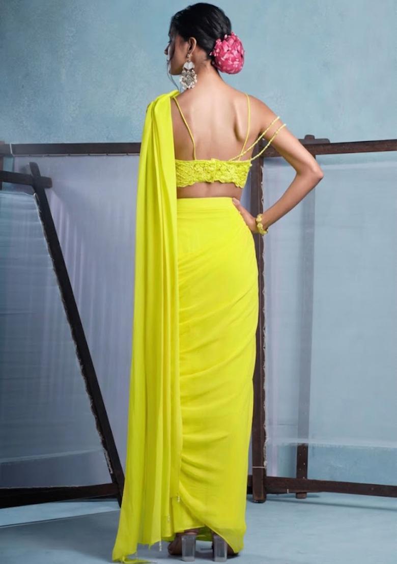 Lemon Yellow Crepe Embroidered Handwork Pre Draped Saree Set - Indya