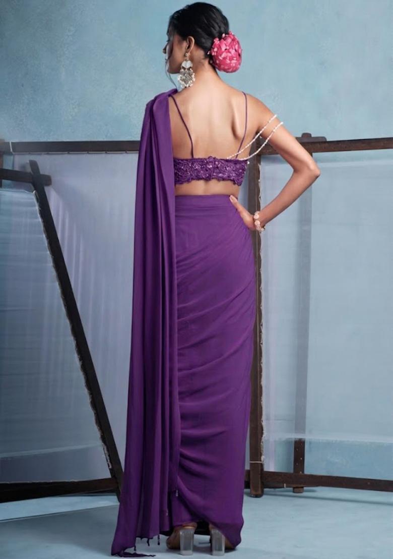 Pansy Purple Crepe Embroidered Handwork Pre Draped Saree Set - Indya