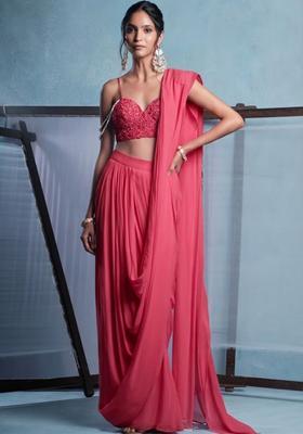 Pink Crepe Embroidered Handwork Pre Draped Saree Set