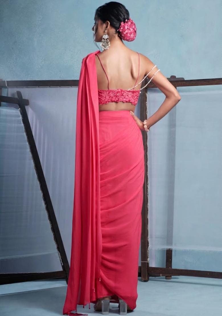 Pink Crepe Embroidered Handwork Pre Draped Saree Set - Indya