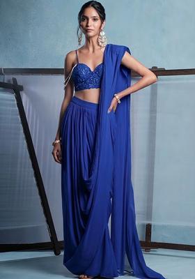 Royal Blue Crepe Embroidered Handwork Pre Draped Saree Set